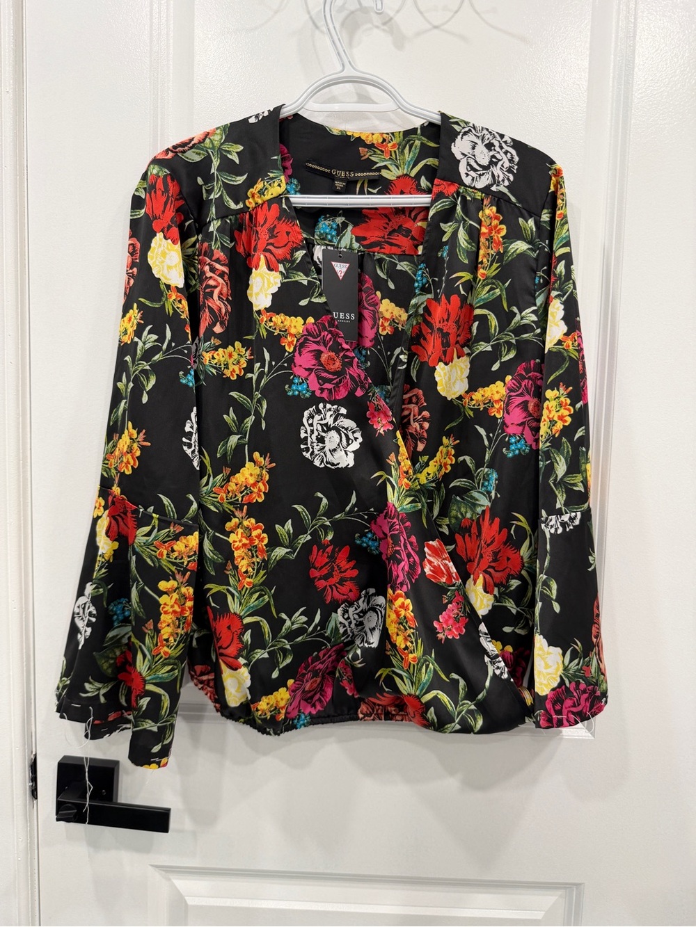GUESS Black Floral Wrap Blouse with Multicolor Blooms
